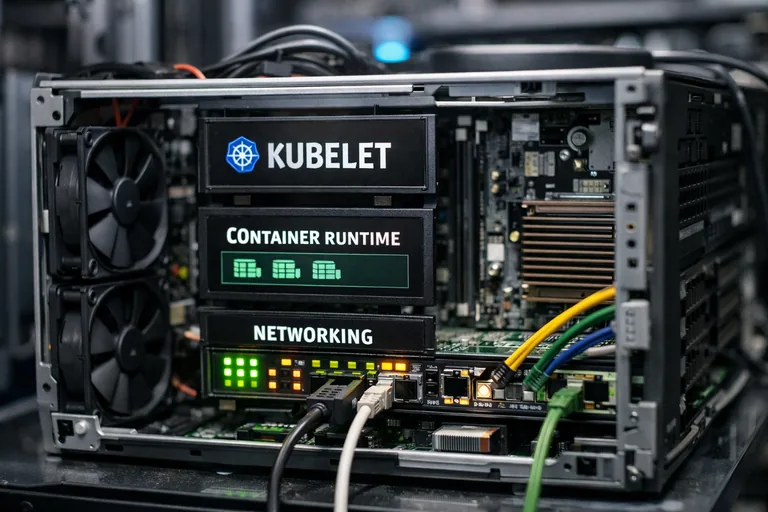 Bir Kubernetes worker node üzerinde kubelet, container runtime ve ağ bileşenlerinin ilişkisini anlatan yapı
