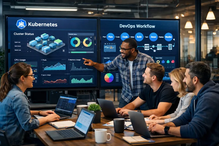 Geliştirici ve operasyon ekiplerinin Kubernetes üzerinde birlikte çalışmasını temsil eden modern yazılım teslim süreci