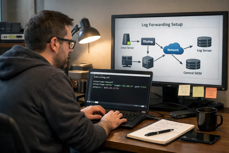 Rsyslog ile uzak log sunucusuna yönlendirme, yerel dosya rotasyonu ve servis bazında filtreleme adımlarının özetlenmesi