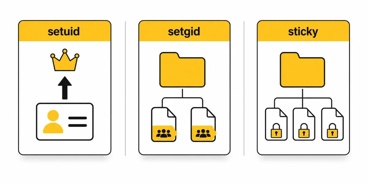 Linux setuid setgid ve sticky Bit Özel İzin Şeması Linux setuid setgid ve sticky bit özel izin bayraklarının görev ve kullanım şeması