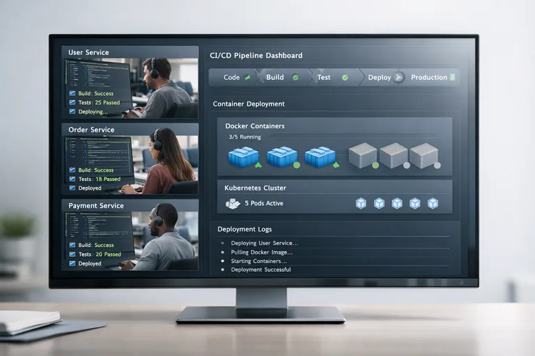 Birden fazla servis ekibinin bağımsız geliştirme yaptığı dağıtık yazılım mimarisi süreci ve CI CD akışı