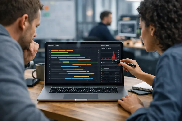 Dağıtık iz sürme ile servisler arası çağrı zincirinin gecikme noktalarını gösteren uçtan uca akış görünümü