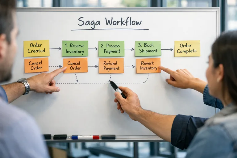Orkestrasyonlu saga adımlarında durum geçişlerinin, başarı ve telafi akışının kısa bir süreç özeti