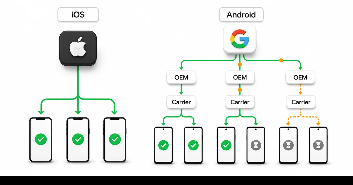 iOS doğrudan dağıtım ve Android OEM güncelleme zinciri yama gecikmesi karşılaştırma şeması