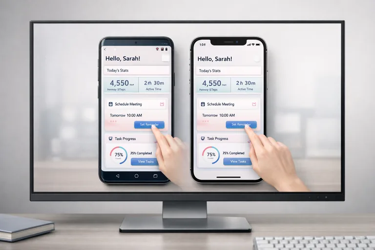 Android ve iOS ekranlarında tutarlı arayüz yerleşimi, dokunmatik etkileşim alanları ve sade mobil akışlar öne çıkıyor