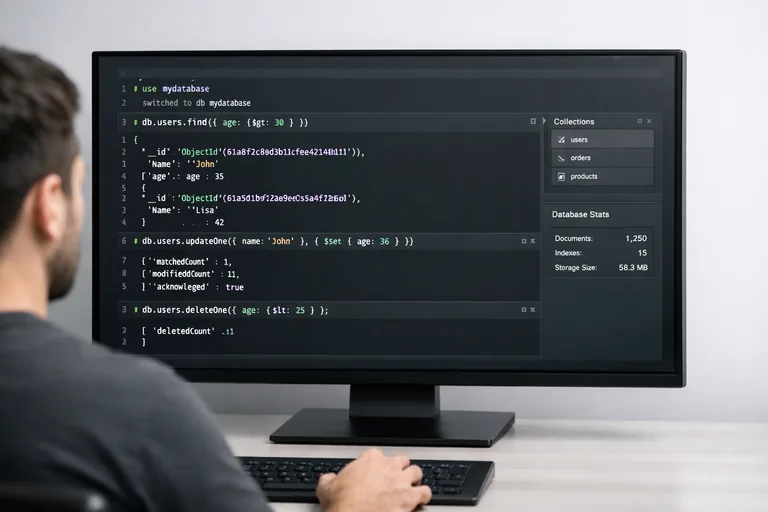 Yazılım geliştiricilerin terminal ekranında MongoDB sorguları çalıştırarak veri koleksiyonlarını yönettiği çalışma ortamı
