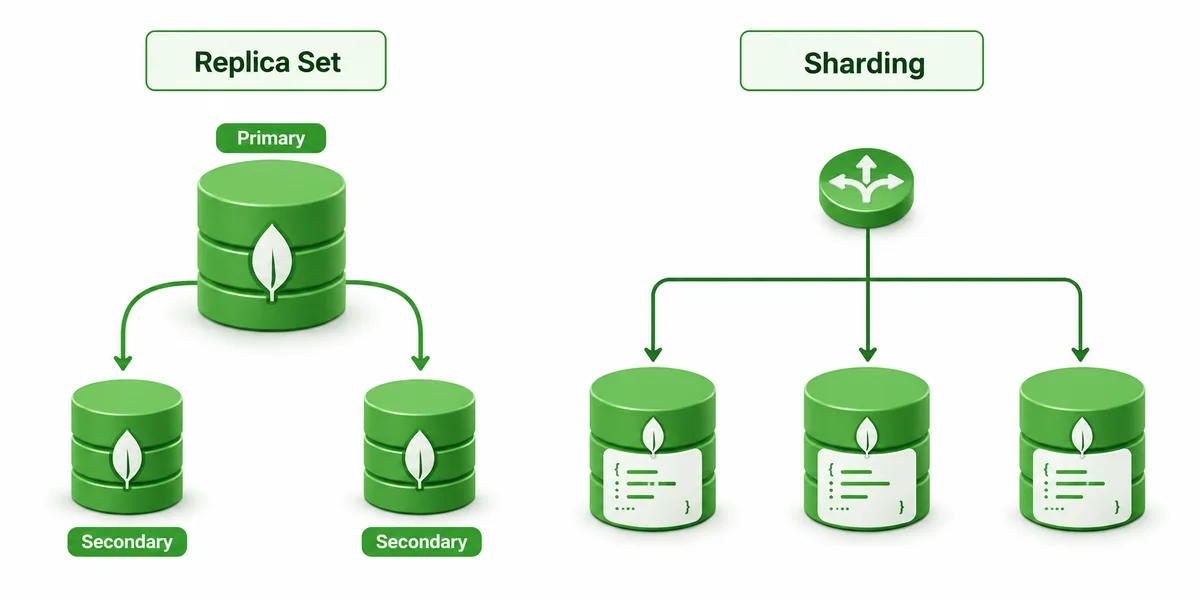 Replica Set ve Sharding Mimari Yapısı MongoDB replica set primary secondary node ilişkisi ve sharding mimari şeması