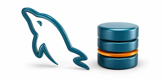 MySQL 3D yunus logosu yanında veritabanı silindiri ile mavi-turuncu tonlu kompozisyon