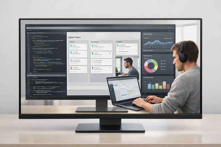 Farklı yazılım alanlarını temsil eden ekranlar, kariyer yolları ve öğrenme akışları programlama odaklı bir masa üzerinde birleşiyor