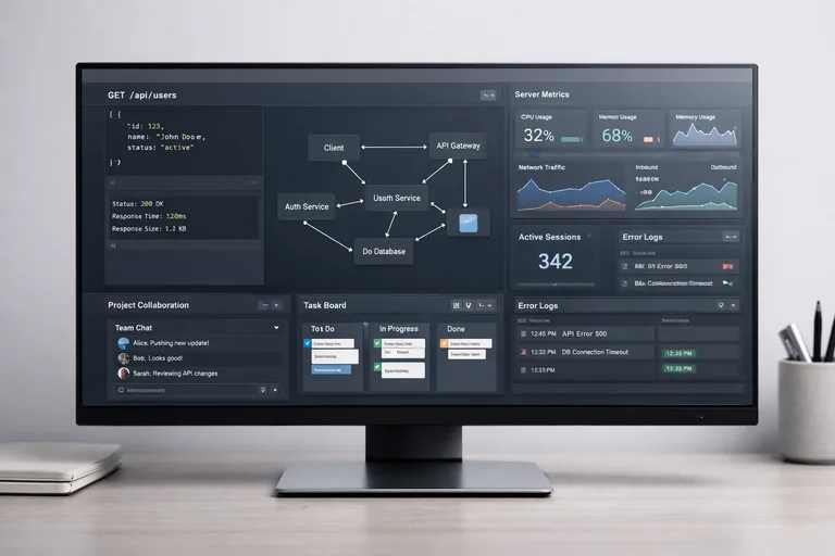 API istekleri, veritabanı bağlantıları ve gerçek zamanlı iletişimi yöneten Node.js tabanlı servis akışının şematik anlatımı