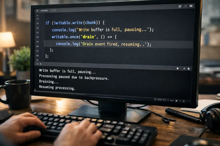 write false dönüşü sonrası drain beklenerek akışın yeniden dengelenmesini sağlayan uygulama mantığı