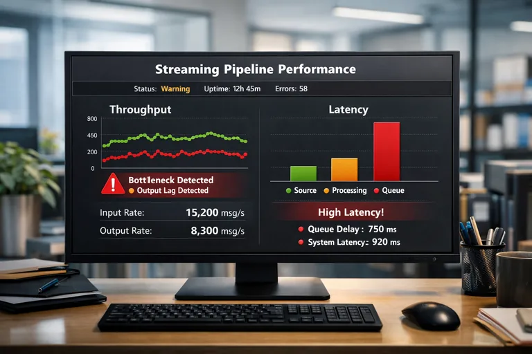 Akış hattında metrik izleme ve darboğaz tespiti için gecikme ve hız göstergeleriyle yapılan performans analizi yaklaşımı