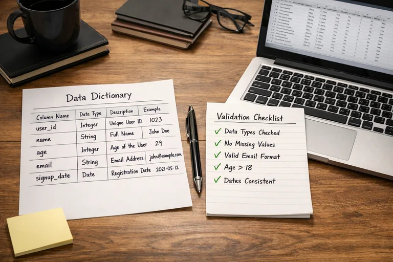Kolon şemasını doğrulama ve tutarlılık adımları Bir veri sözlüğü tablosu ve yanında kolon adlarının standartlaştırıldığı bir kontrol listesi, tutarlı şema vurgusu
