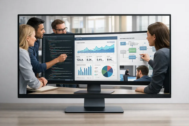 Farklı ekiplerin kod, veri panoları ve dijital ürün akışları etrafında birlikte çalıştığı programlama odaklı ortam görülüyor