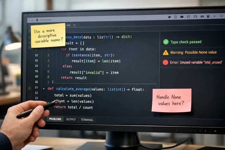 PEP 8 uyumlu biçimlendirme sonrası sadeleşmiş bir modül ve kod inceleme notlarının yan yana durması
