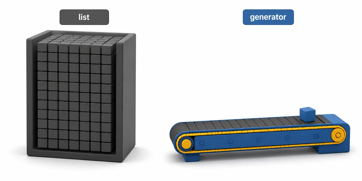Generator konveyör ve dolu liste bellek karşılaştırma Tek elemanı tek tek üreten ince generator konveyörü yanında devasa dolu liste konteynerinin çizilerek elendiği bellek karşılaştırma