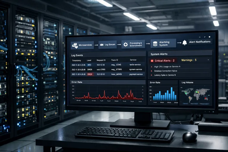 Servislerden çıkan alan bazlı kayıtların merkezi sistemde filtrelenip uyarı üretmesine giden akış diyagramı