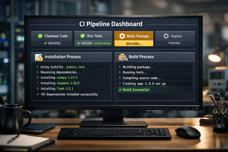 CI hattında test ve build adımları, aynı sürümlerle tekrarlanabilir kurulum yapan akış