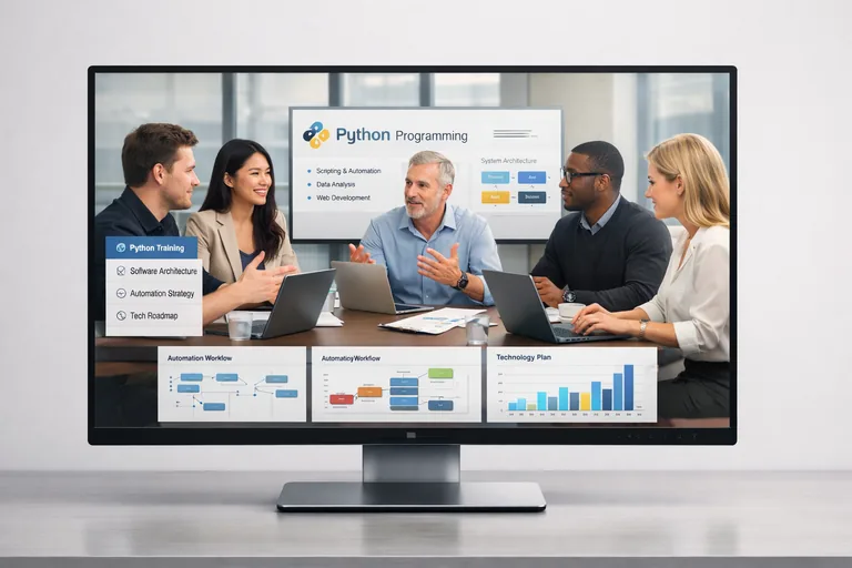 Teknik ekip toplantısında Python tabanlı ürün geliştirme, otomasyon ve eğitim planlamasını tartışan profesyoneller