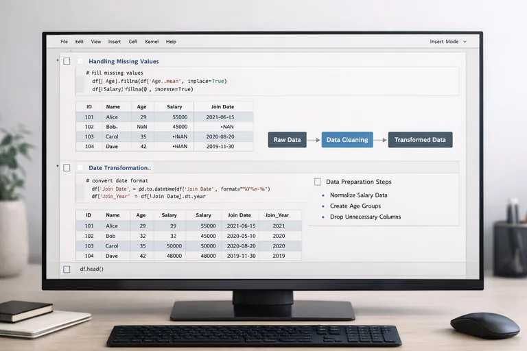 Tablo verileri temizlenirken eksik değerler, tarih dönüşümleri ve özet hesaplamalar düzenli adımlarla hazırlanıyor