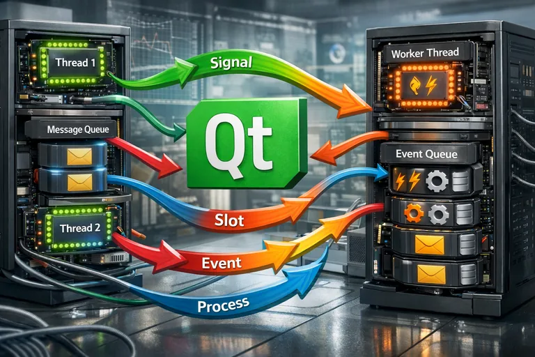 Çok iş parçacıklı Qt uygulamasında sinyallerin kuyruklanarak güvenli şekilde işlenmesini anlatan akış şeması