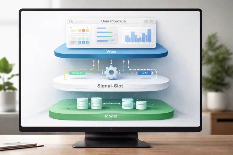Model ve arayüz katmanlarının olaylar üzerinden haberleştiği Qt tabanlı yazılım mimarisi şeması