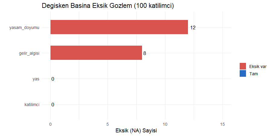 Dört değişkenin eksik gözlem sayılarını gösteren yatay çubuk grafik, yaşam doyumunda on iki boşluk