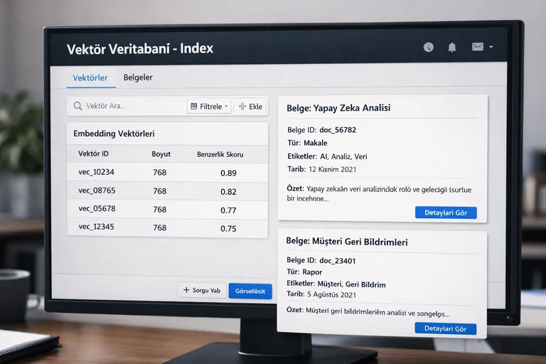 Metin parçalama, embedding üretimi ve benzerlik aramasıyla doğru bağlamın seçilmesini anlatan teknik şema