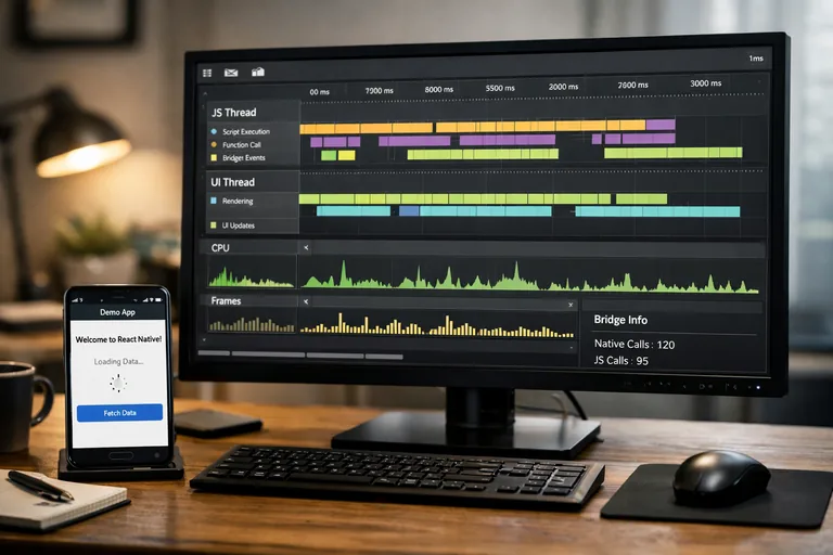 Zaman çizelgesinde JS ve UI iş parçacığı sürelerini karşılaştıran performans analizi ekranı ve metrikler