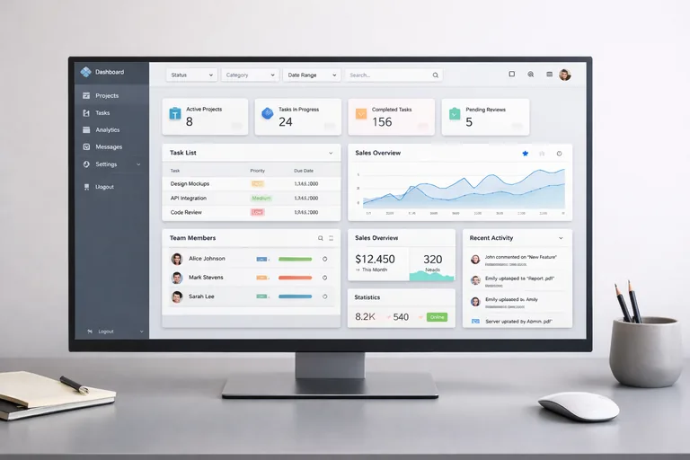Yeniden kullanılabilir kartlar, menüler ve panellerle oluşturulan etkileşimli web uygulaması düzeni