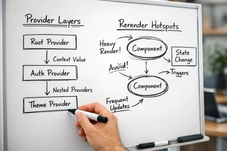 Context Provider zinciri büyüdükçe yeniden render etkisini azaltmaya yönelik pratik bir yapı örneği