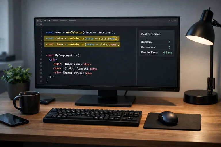 Zustand store'da selector kullanarak yalnızca gereken state'i okuyan bileşen düzeni