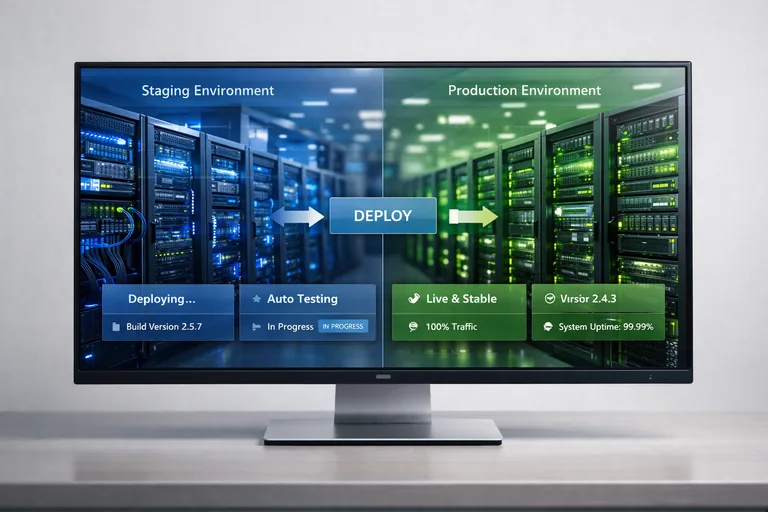 Mavi ve yeşil üretim ortamları arasında trafik yönlendirmesi, eş zamanlı sunucular ve hızlı geçiş mantığı gösteriliyor
