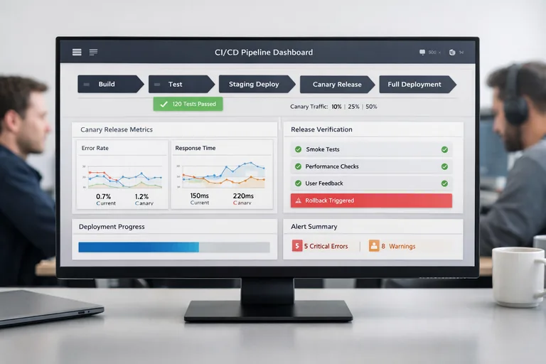 CI/CD hattı, otomatik test adımları, kontrollü trafik artışı ve sürüm doğrulama metrikleri aynı akışta yönetiliyor