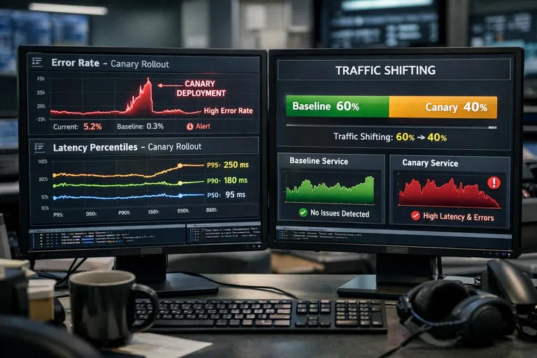 Metrik tabanlı progressive delivery akışı Metriklerle karar veren dağıtım sürecini gösteren paneller ve sürüm yüzdeleri odaklı ekran