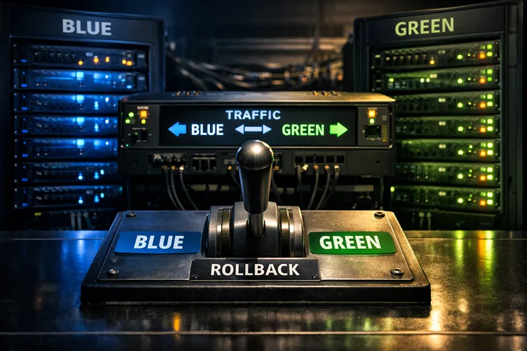 Blue green switch ve rollback akışı modeli Blue ve green ortamları arasında load balancer yönlendirmesi ve hızlı geri dönüş senaryosu