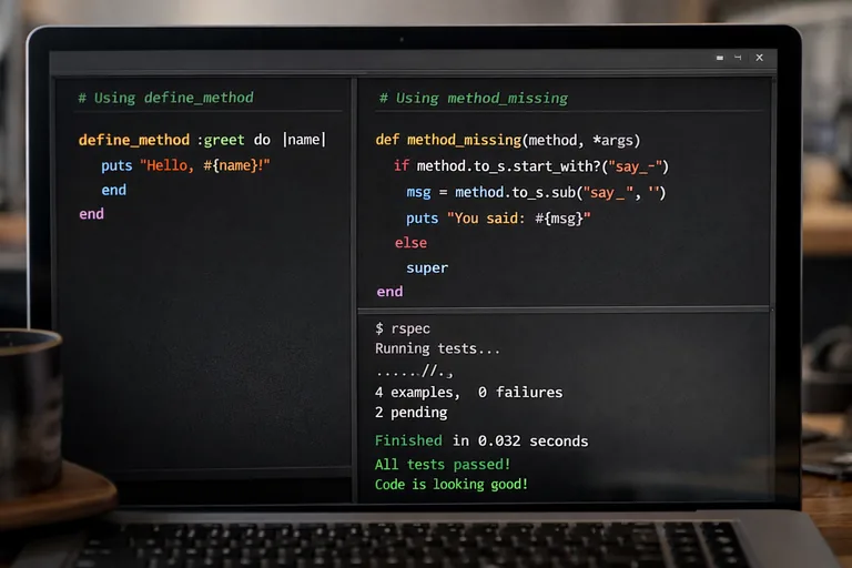Ruby kod editöründe define_method ile metot üreten örnek ve yanında test çıktıları penceresi