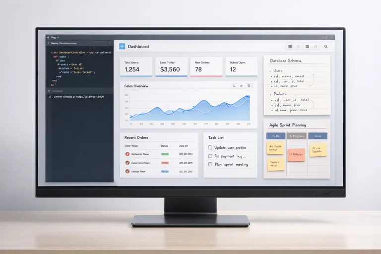 Ruby tabanlı bir web uygulamasında panel akışları, veri modelleri ve ekip içi hızlı teslim sürecini gösteren masa düzeni