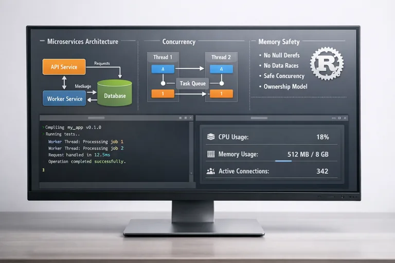 Rust tabanlı servisler, terminal çıktıları ve güvenli eşzamanlı veri işleme akışını gösteren sistem odaklı geliştirme düzeni