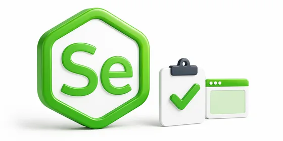Selenium 3D logosu yanında onay işaretli test panosu simgesiyle yeşil tonlu kompozisyon