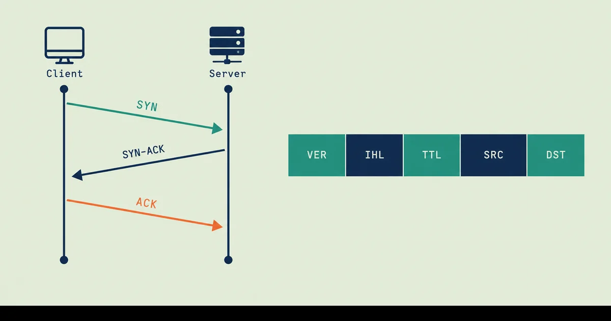 TCP üç aşamalı el sıkışma SYN SYN-ACK ACK akışını gösteren zaman dizini diyagramı ve yanında IP paketi başlık şeması