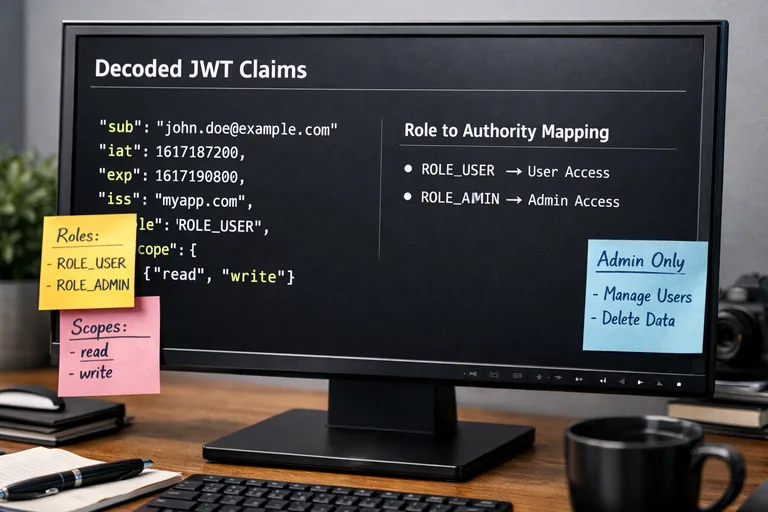 Role ve scope claimlerinin yetki listesine dönüştürülerek endpoint kurallarına bağlanmasını anlatan şema