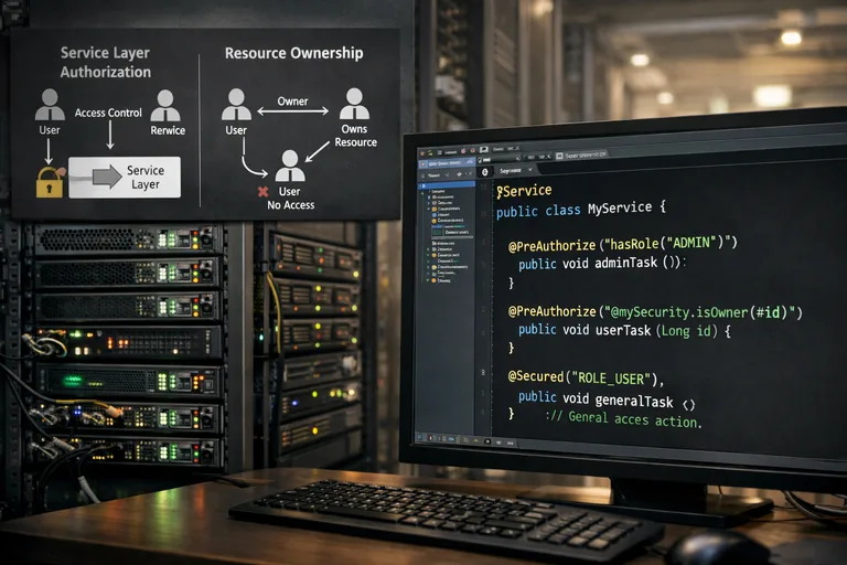 Servis katmanında method security kurallarıyla kullanıcı kimliği ve kaynak sahipliğinin eşleştirilmesi yaklaşımı