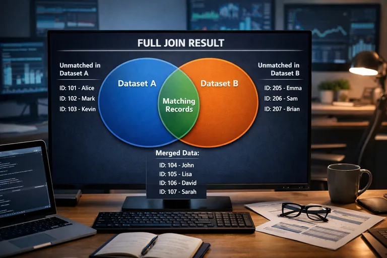 Her iki tablodaki tüm satırların dahil edildiği ve eşleşmeyen alanların boş kaldığı birleşik sonuç yapısı