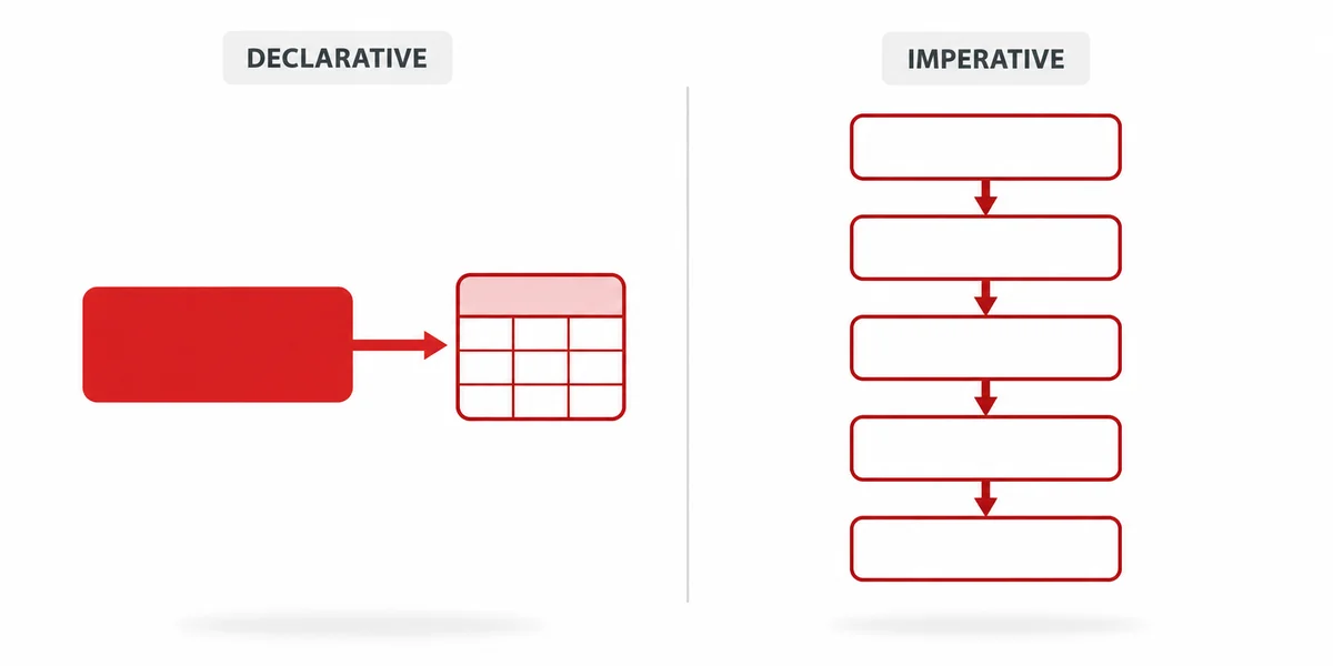 Declarative SQL ve Imperatif Yaklaşım Karşılaştırması Declarative SQL ile imperatif programlama yaklaşımının yan yana karşılaştırıldığı iki sütunlu diyagram