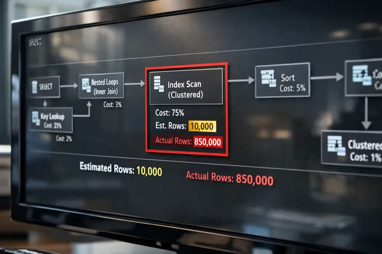 Yürütme planında yüksek maliyetli düğüm kırmızıyla işaretlenmiş, satır tahmini ile gerçek satır farkı belirgin görünüyor