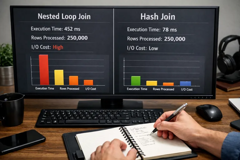 Join stratejilerini karşılaştıran bir performans ekranında nested loop ve hash join süreleri yan yana görülüyor, karar noktası vurgulanıyor