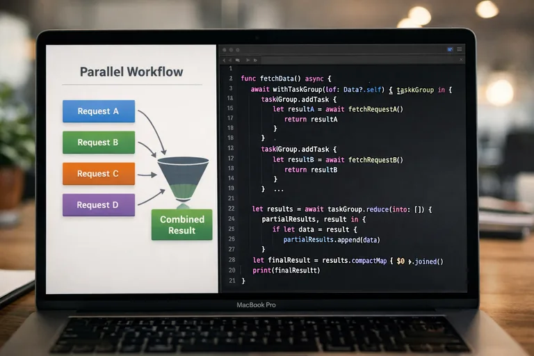 Birden fazla isteği paralel çalıştıran TaskGroup akışı, sonuçların tek noktada birleştirilmesi ve iptal davranışı