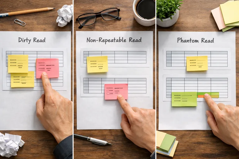 Dirty read, non-repeatable read ve phantom read anomalilerini yan yana karşılaştıran örnek durumlar