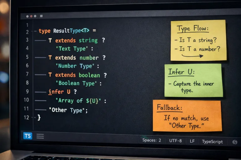Derleyici çıktısı ve tip akışıyla conditional types çözümü Bir editörde extends ve infer kullanılan örneklerle tip dönüşümlerinin izlenmesi